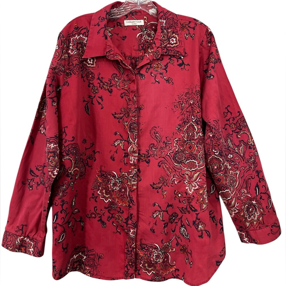 Coldwater Creek Burgundy Paisley Cotton Button-down Long Sleeve Shirt | 2X